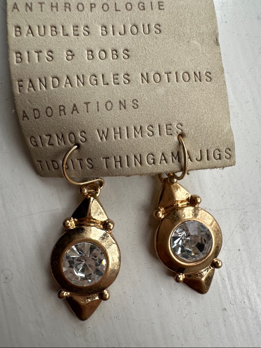 Anthropologie Gold-Tone Drop Earrings with Clear Stones